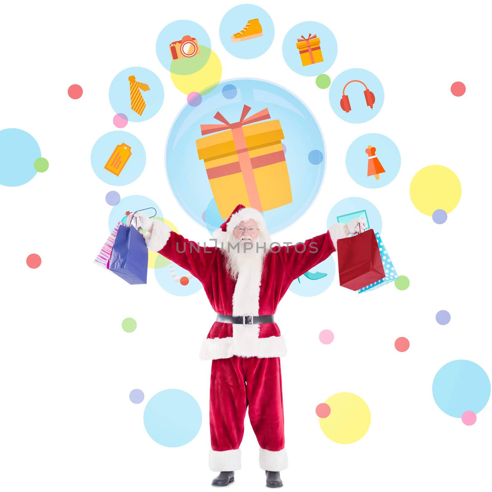 Santa carrying gifts against dot pattern