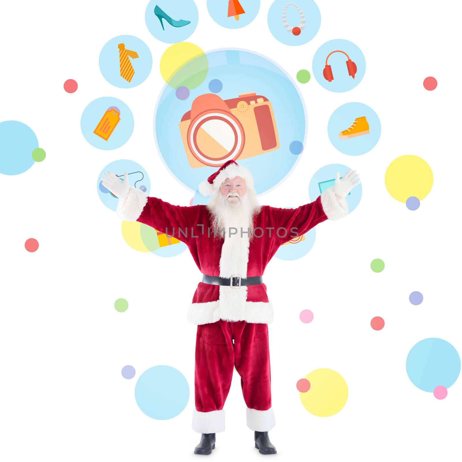 Santa with arms out against dot pattern