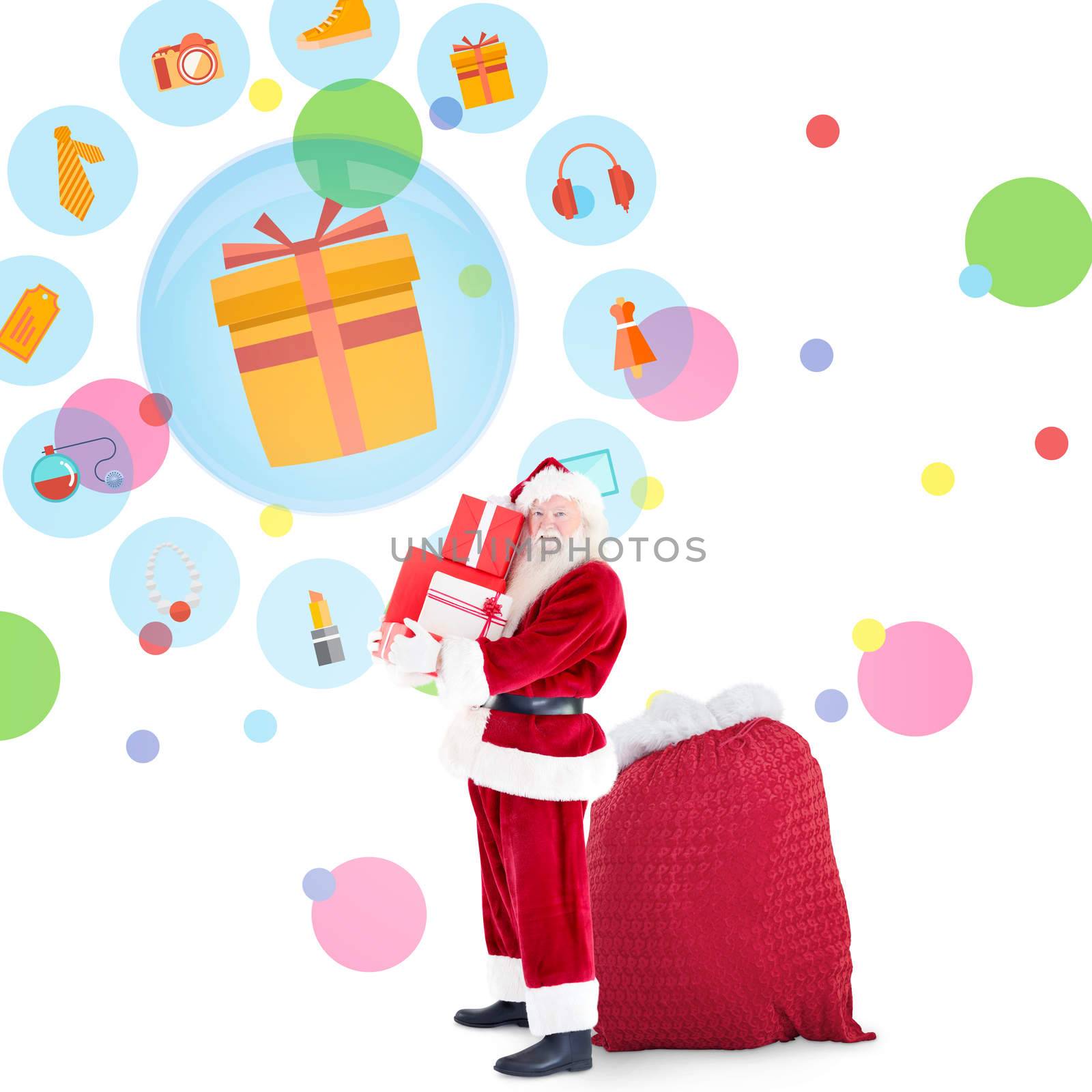 Santa claus carrying pile of gifts against dot pattern