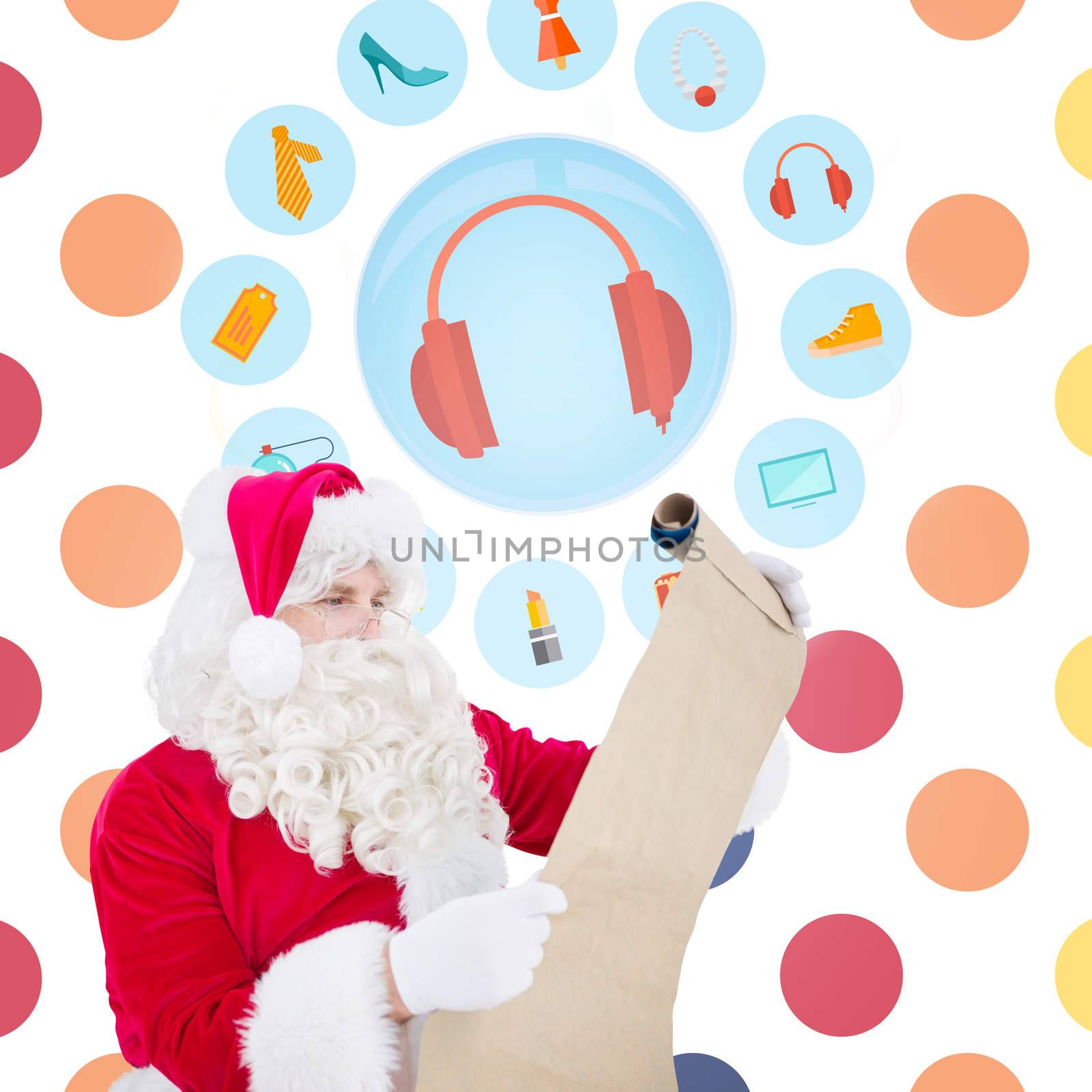 Santa checking list against colorful polka dot pattern 