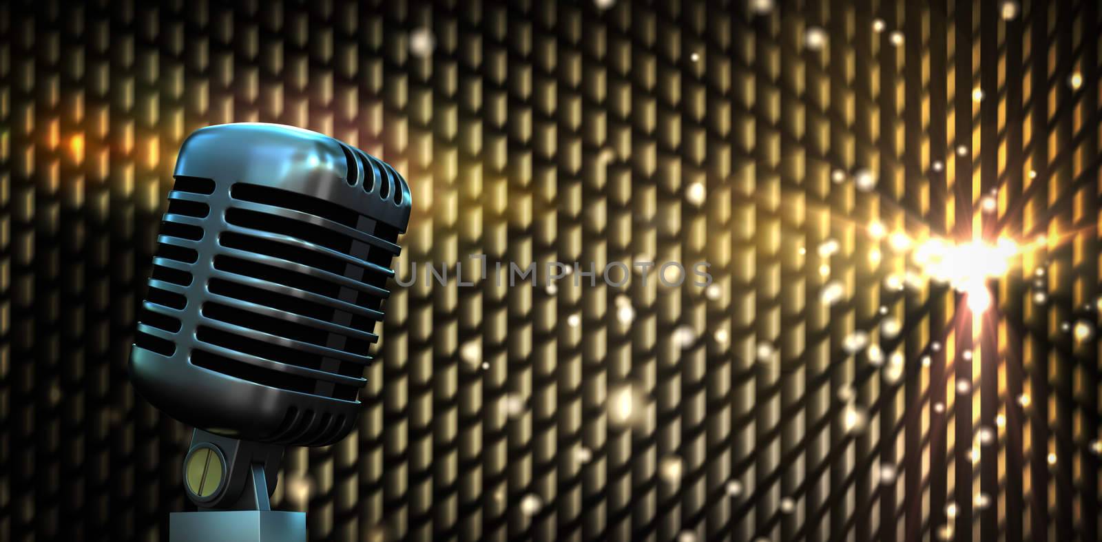 Digitally generated retro chrome microphone against digitally generated cool nightlife background