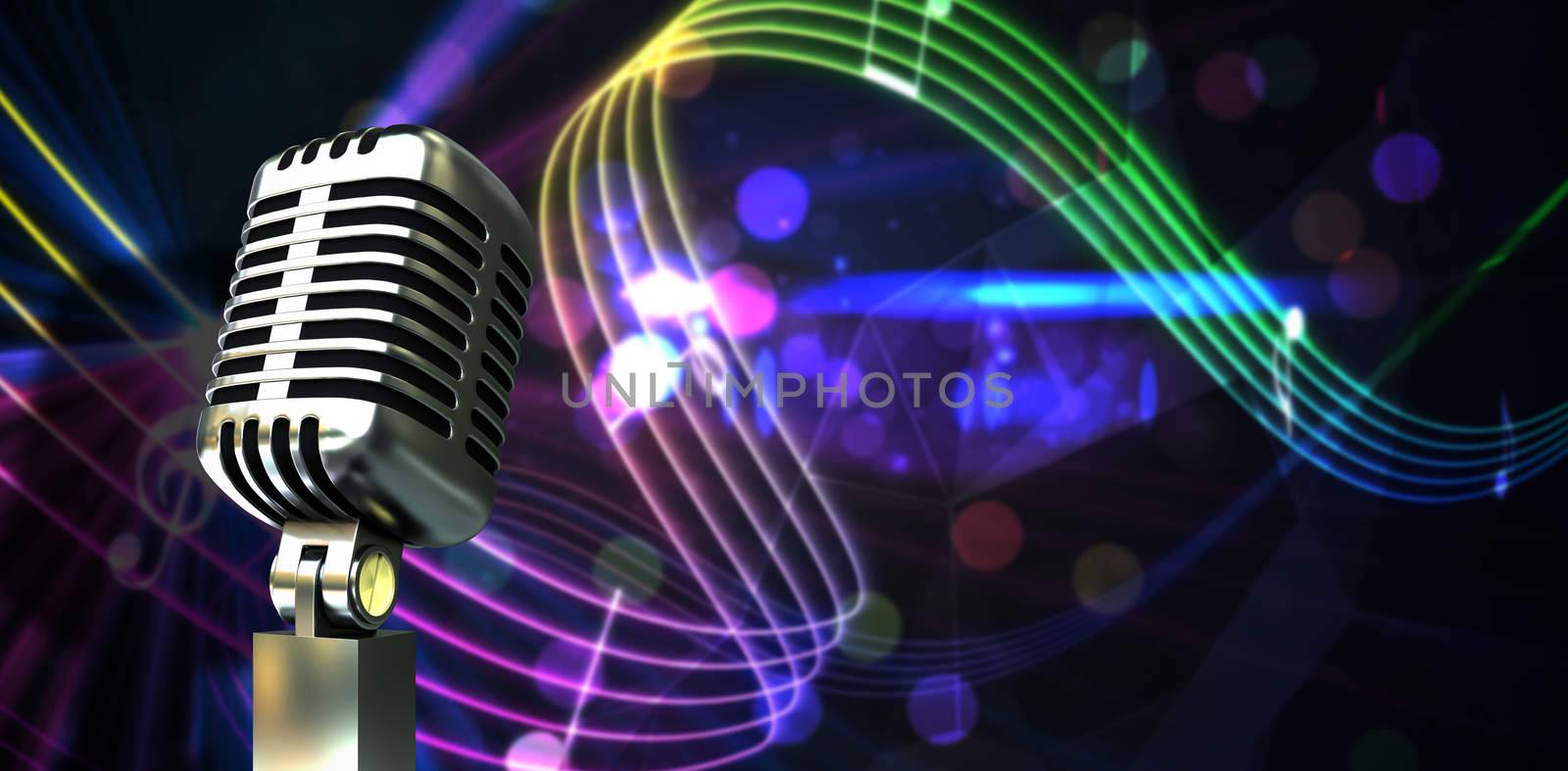 Digitally generated retro chrome microphone against digitally generated music symbol design