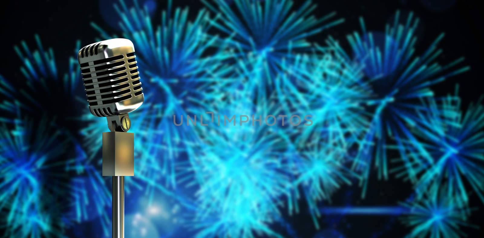 Digitally generated retro microphone on stand against digitally generated bright firework design
