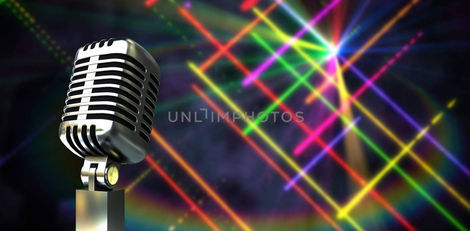 Digitally generated retro chrome microphone against digitally generated disco laser background