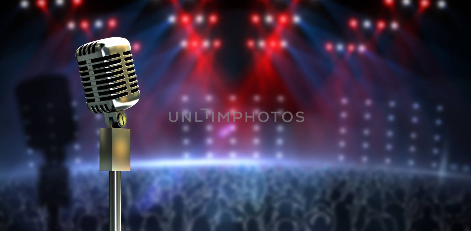 Digitally generated retro microphone on stand against digitally generated nightclub under lights