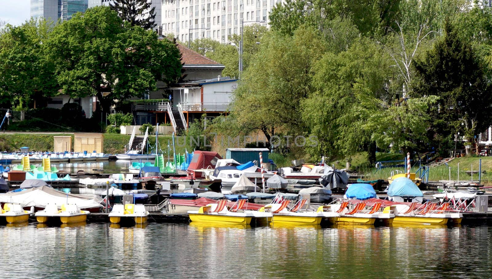 Boats in Danube River Landscape by polarbearstudio