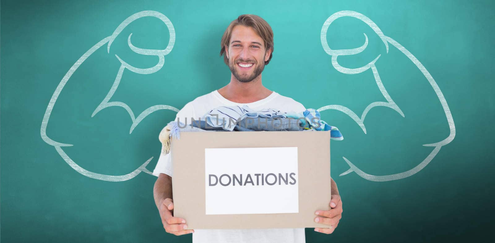 Composite image of happy man carrying donation box by Wavebreakmedia