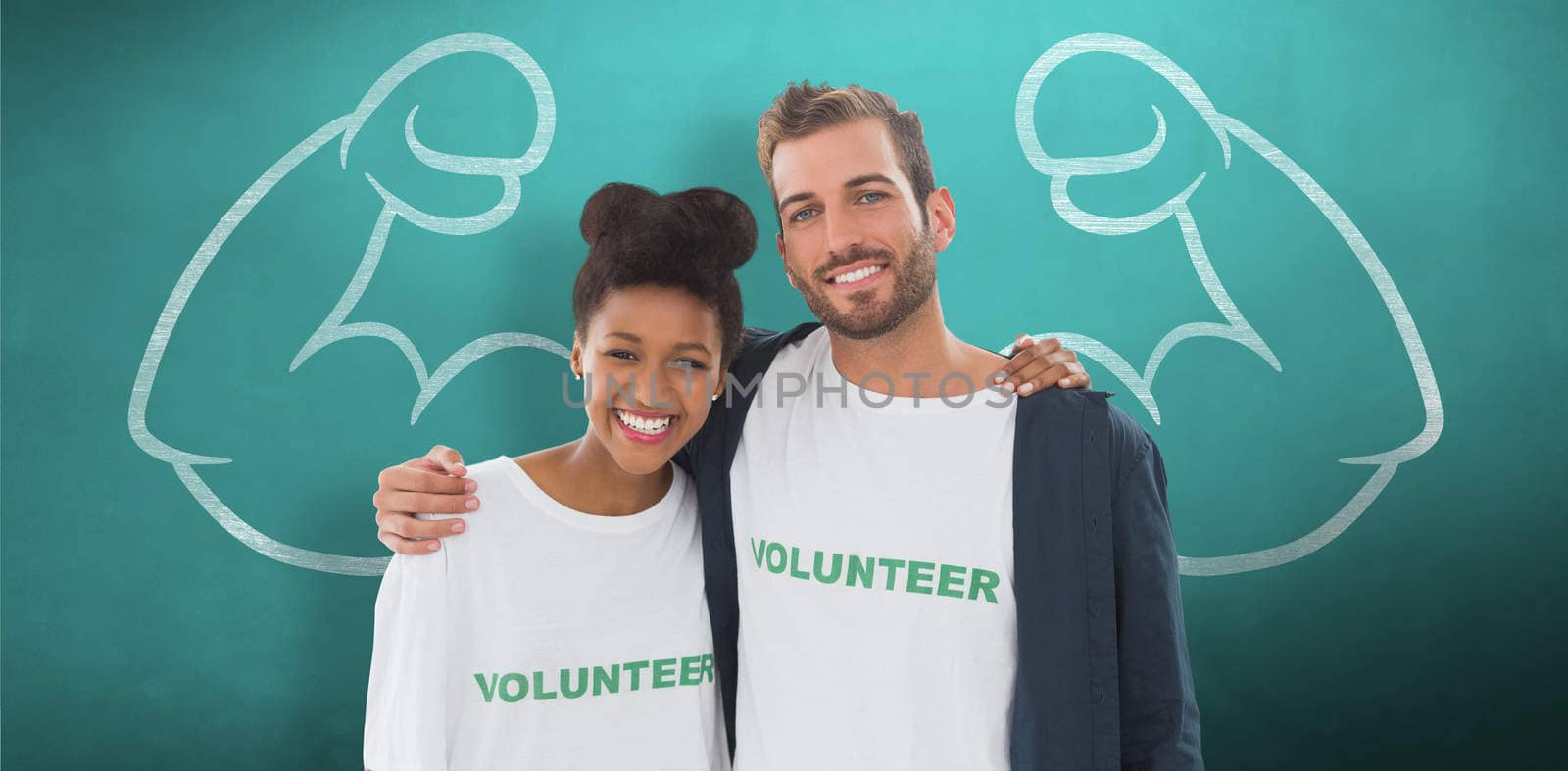 Portrait of two young volunteers with arms around against green chalkboard
