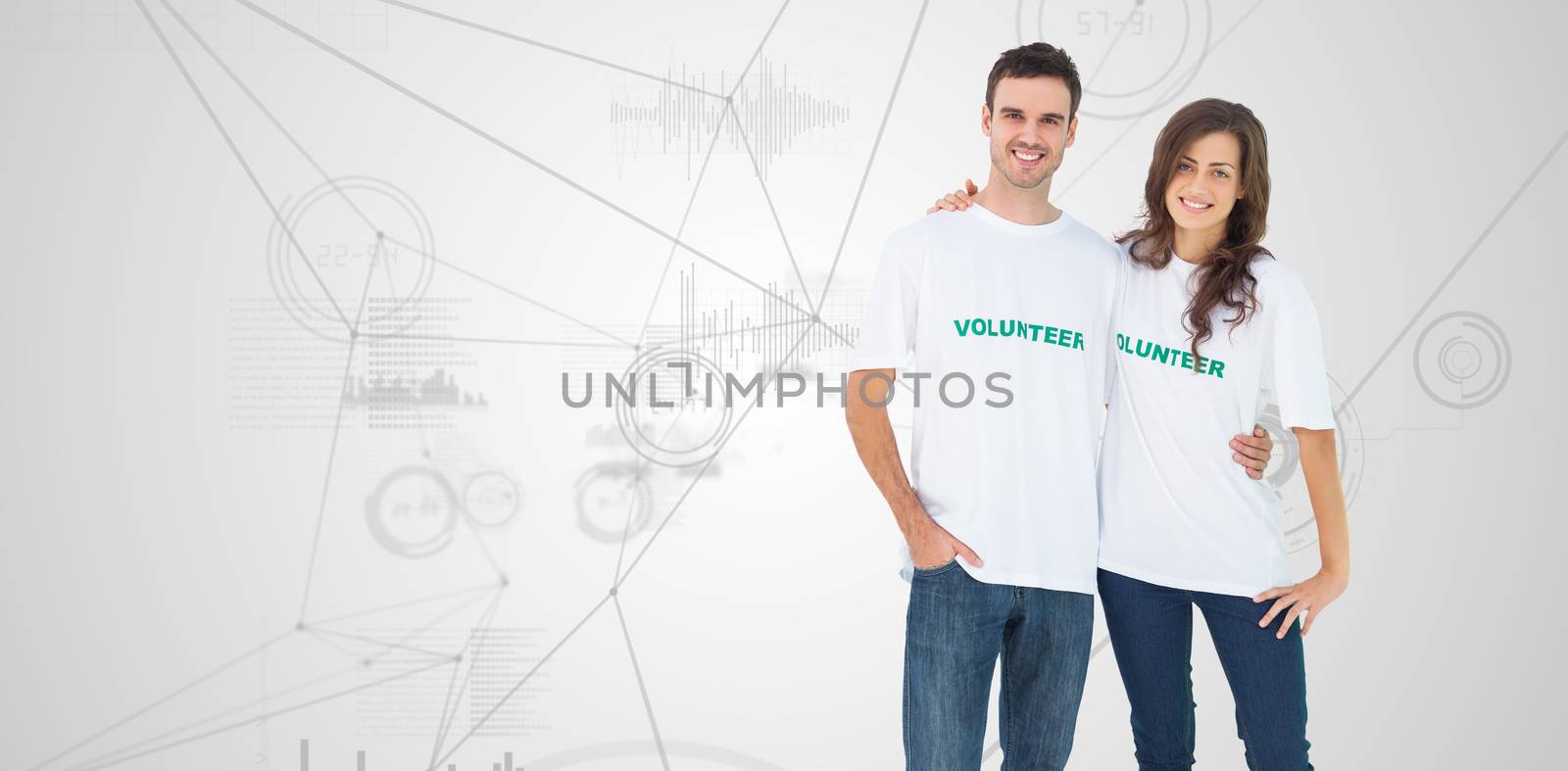 Two cheerful people wearing volunteer tshirt against interface with graphs