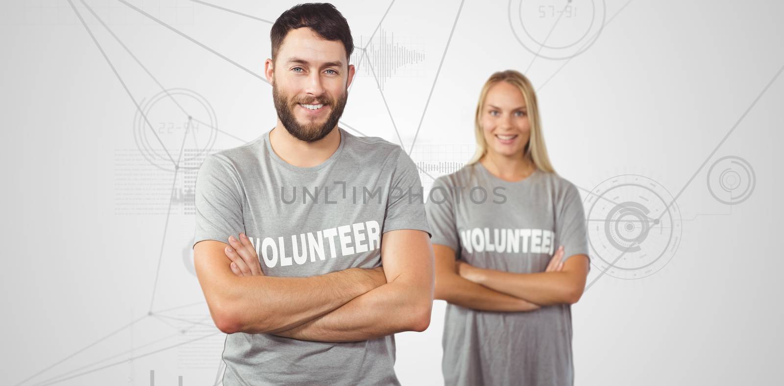 Portrait of cheerful volunteer in office  against interface with graphs