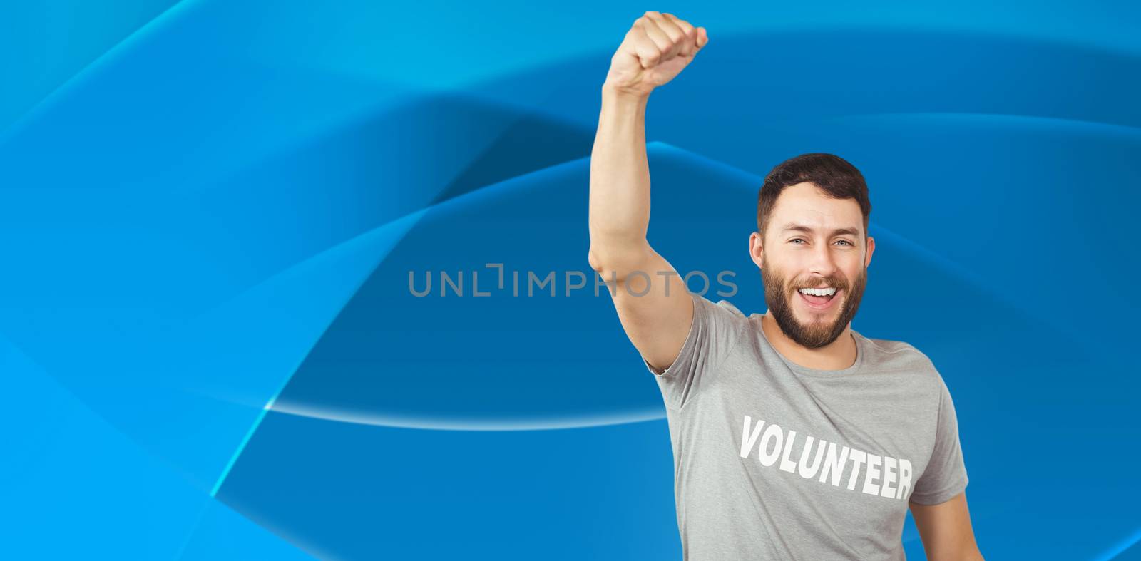 Portrait of cheerful volunteer  against abstract blue design