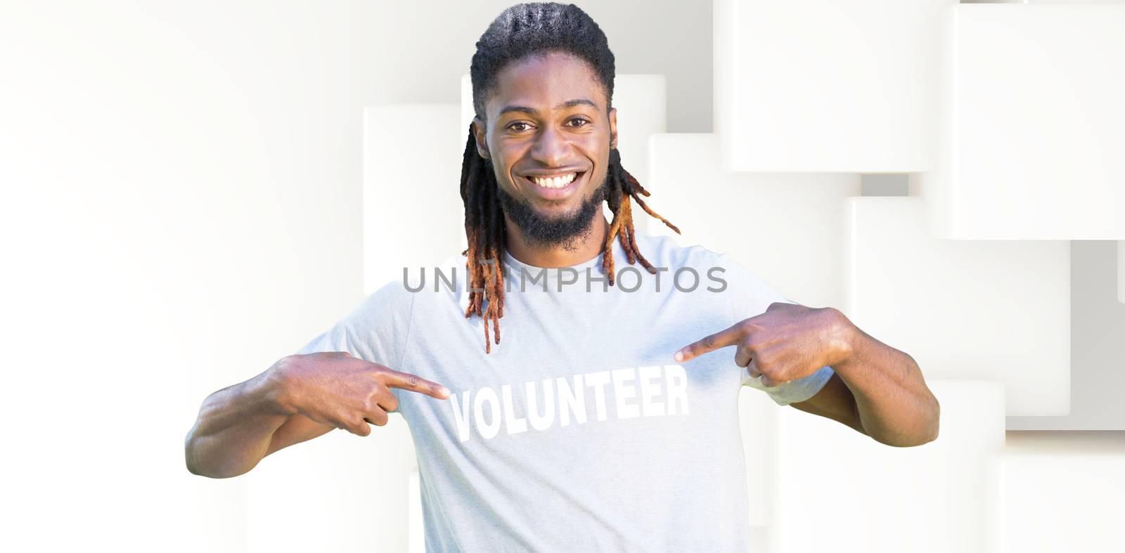 Happy volunteer in the park against abstract white design