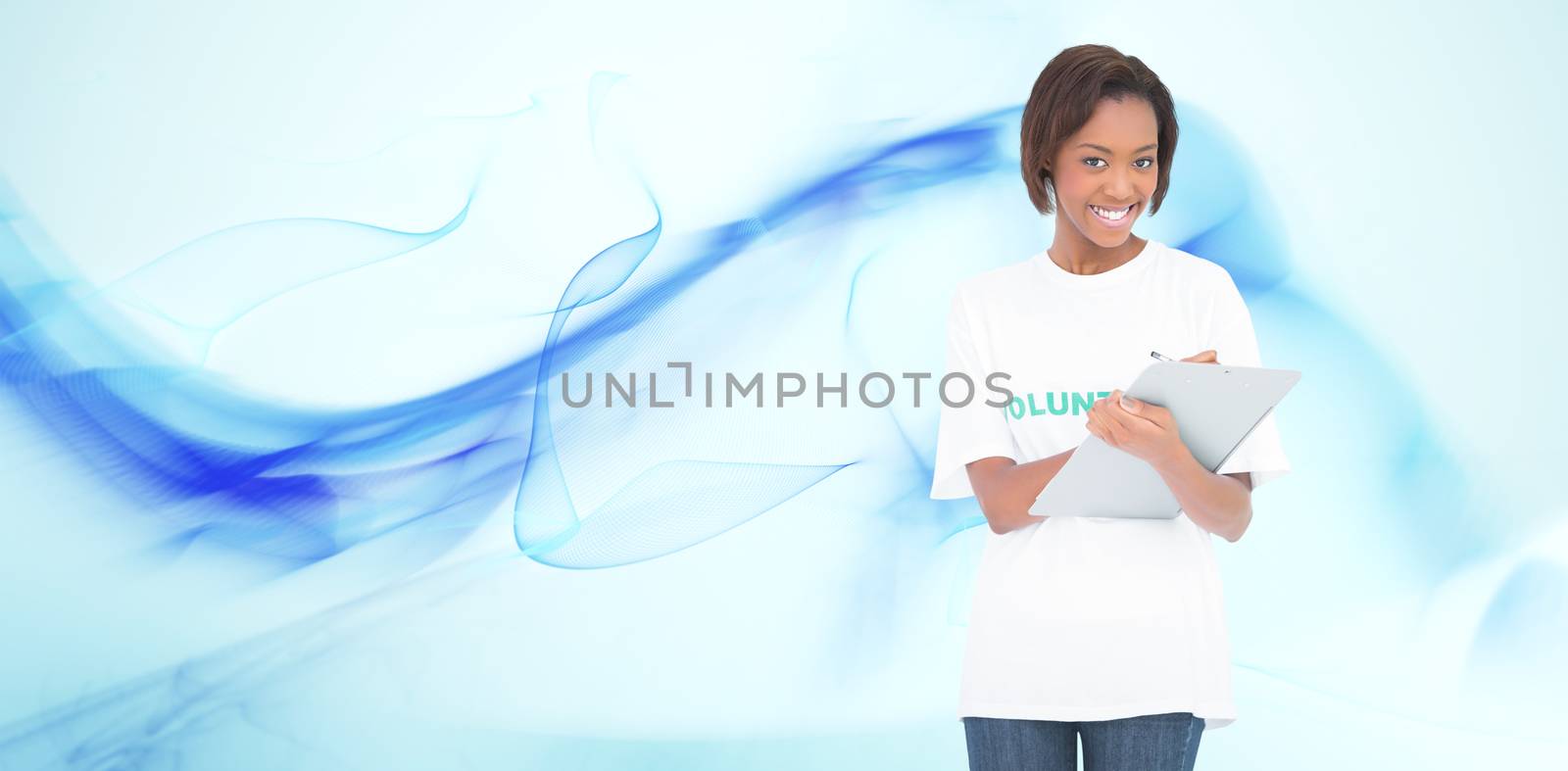 Smiling volunteer woman holding clip board against blue abstract design