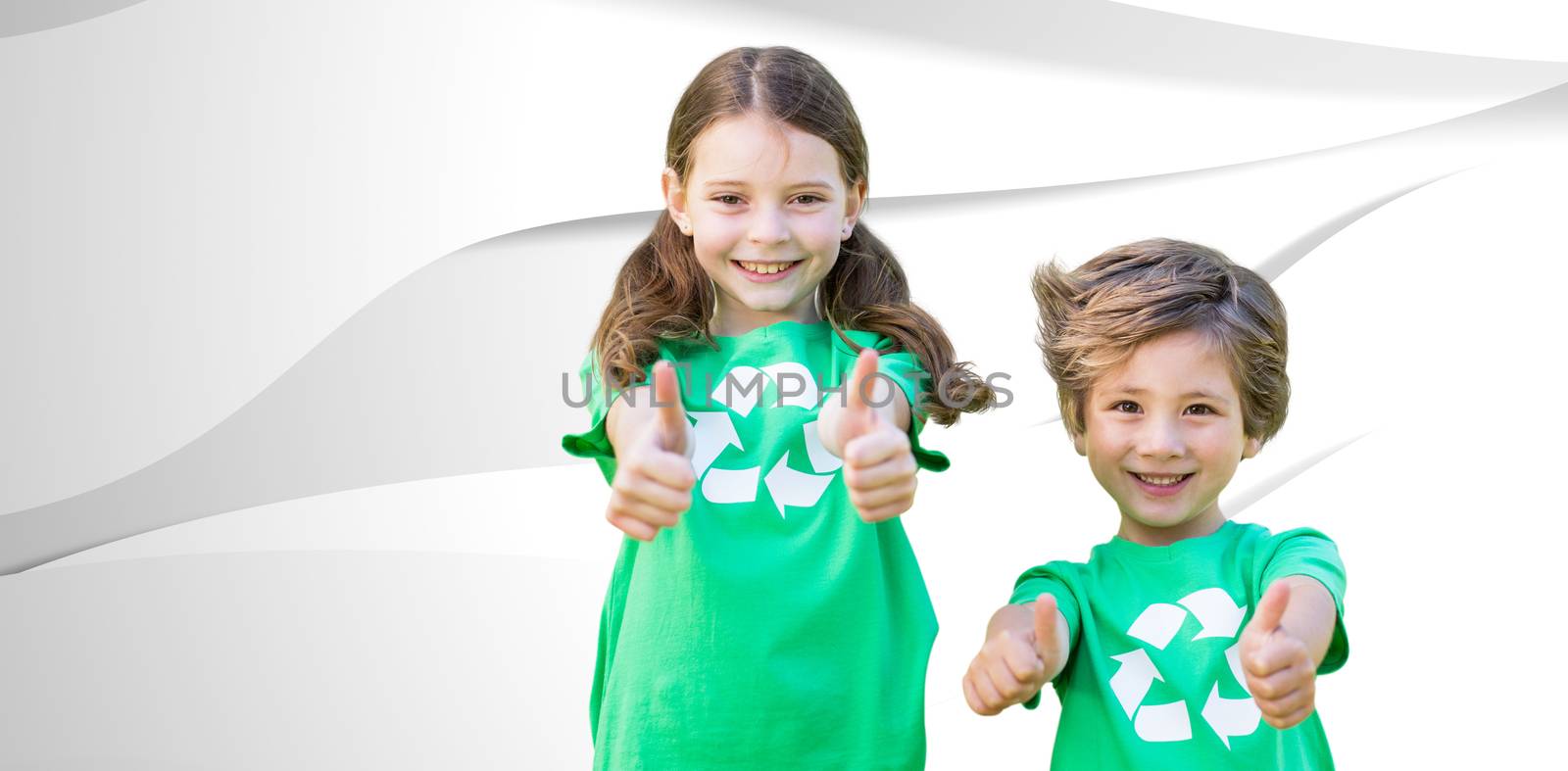 Happy siblings in green with thumbs up  against white wave design