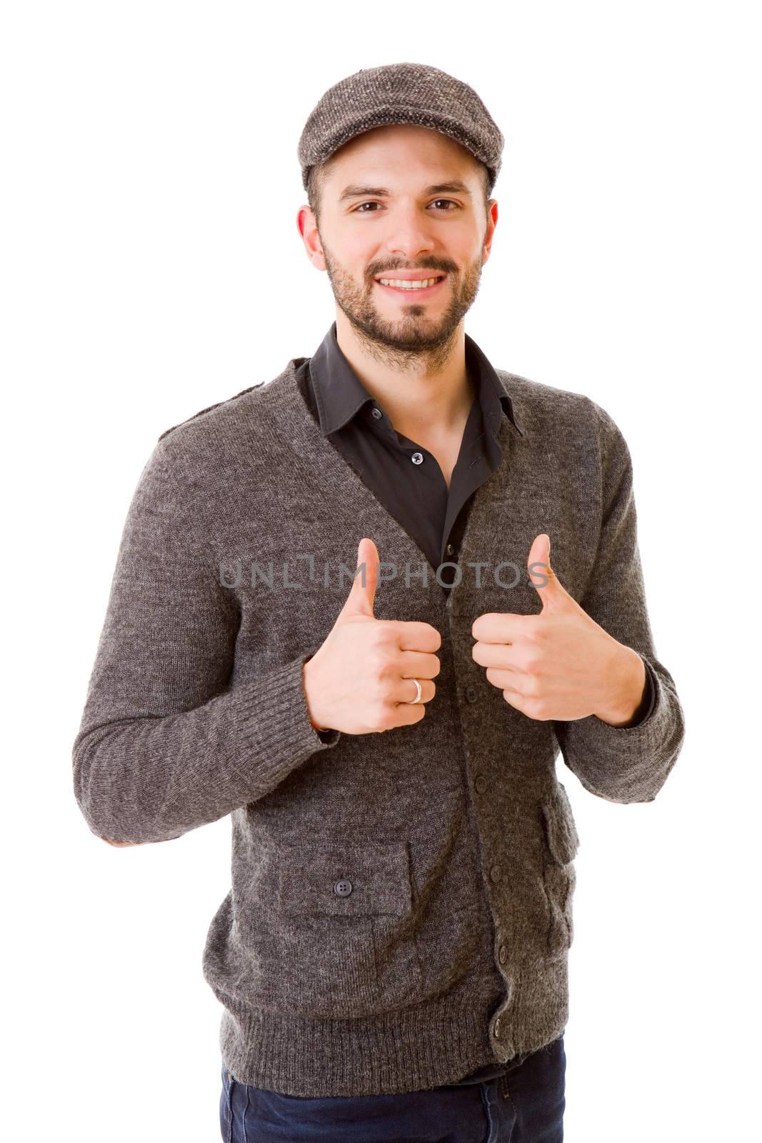 young casual man going thumbs up, isolated on white background