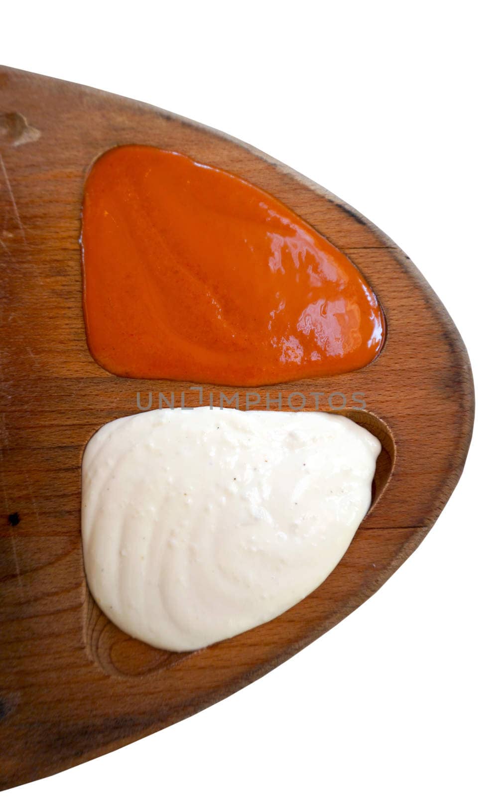 sauces in wooden tray