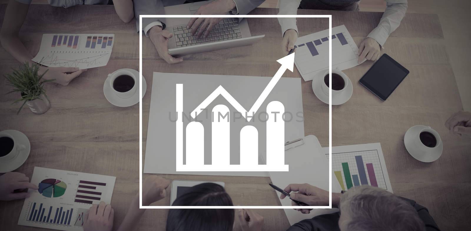 Bar chart and arrow against business people having a discussion in the office