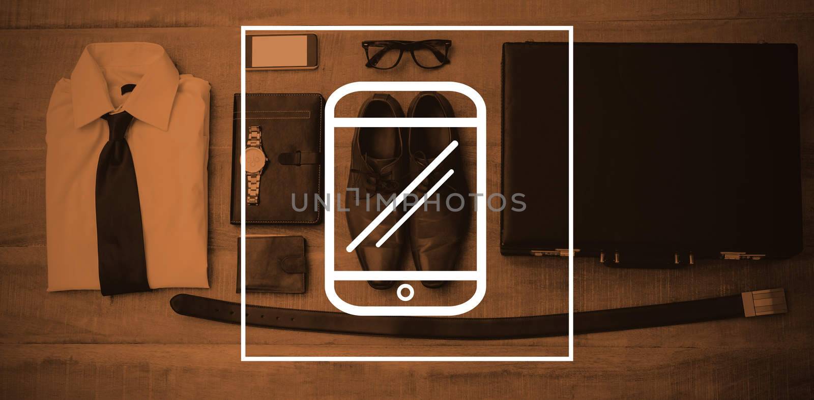Digital image of mobile phone screen against casual wear objects and smart phone on wooden table