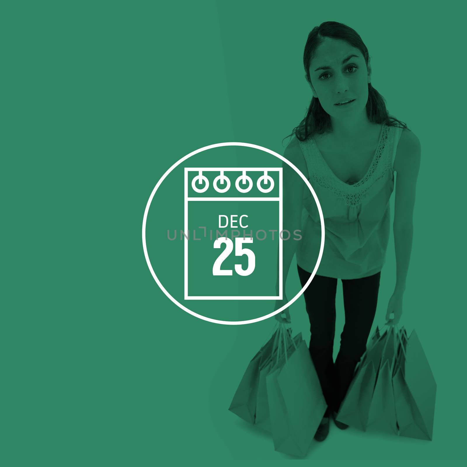 Portrait of a tired woman posing with shopping bags against calendar