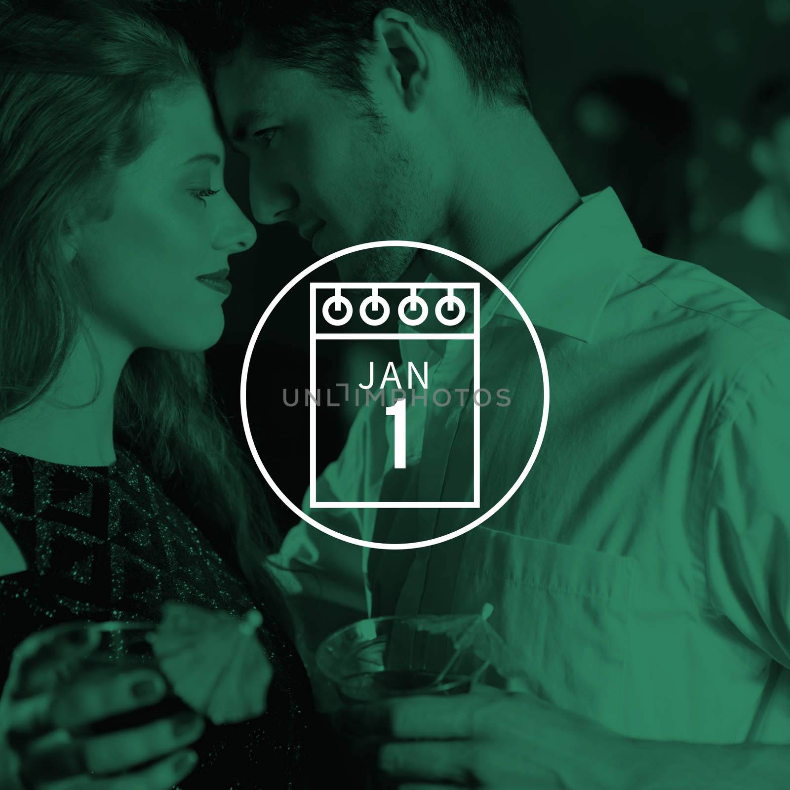 Calendar against cute couple drinking cocktails together