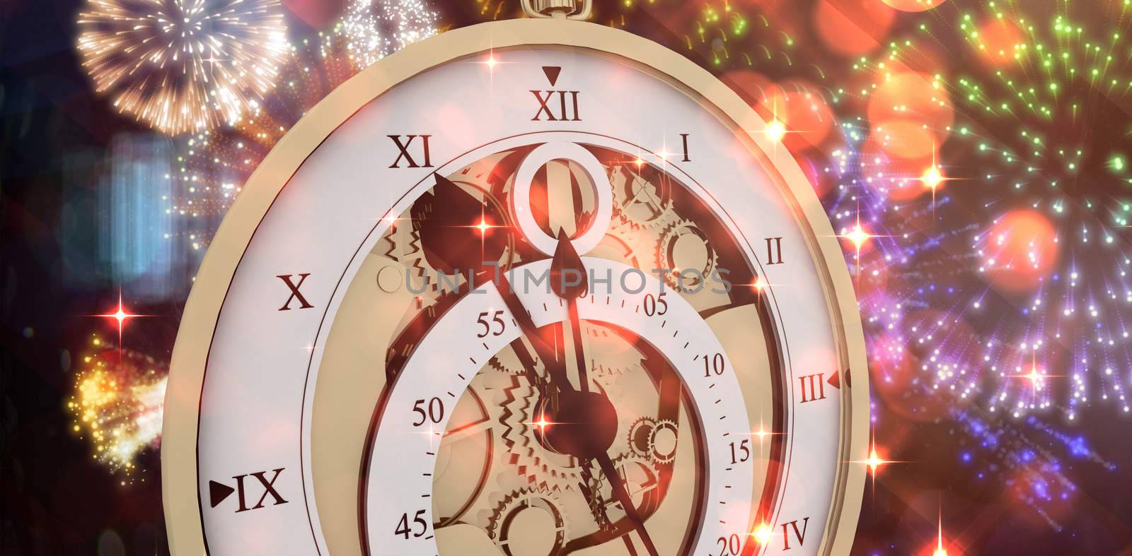  Close-up of antique pocket clock with roman numbers against colourful fireworks exploding on black background Close-up of antique pocket clock with roman numbers against white vackground