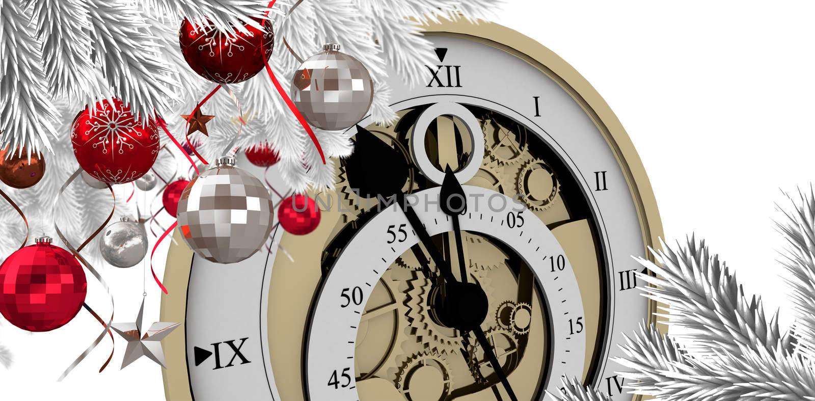Christmas tree decorated with golden ornaments against  close-up of antique pocket clock with roman numbers Close-up of antique pocket clock with roman numbers against white vackground