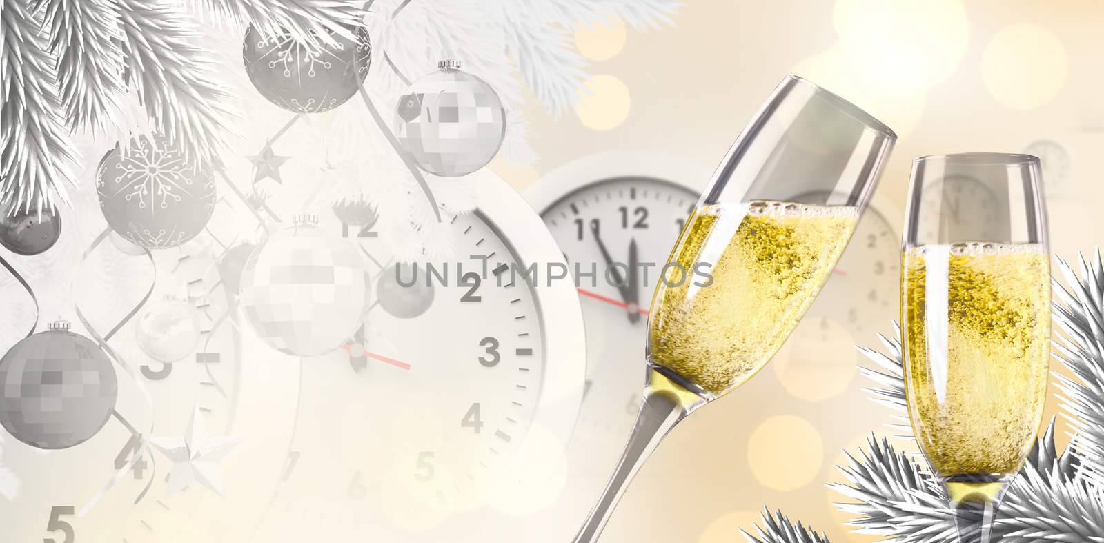 Champagne glasses clinking against yellow abstract light spot design