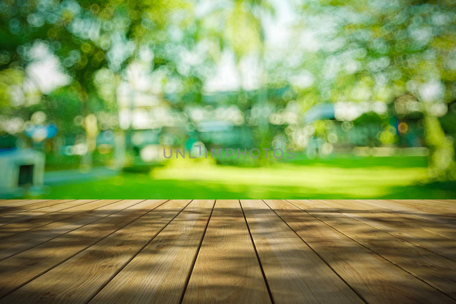 Perspective wood and bokeh light background. product display template