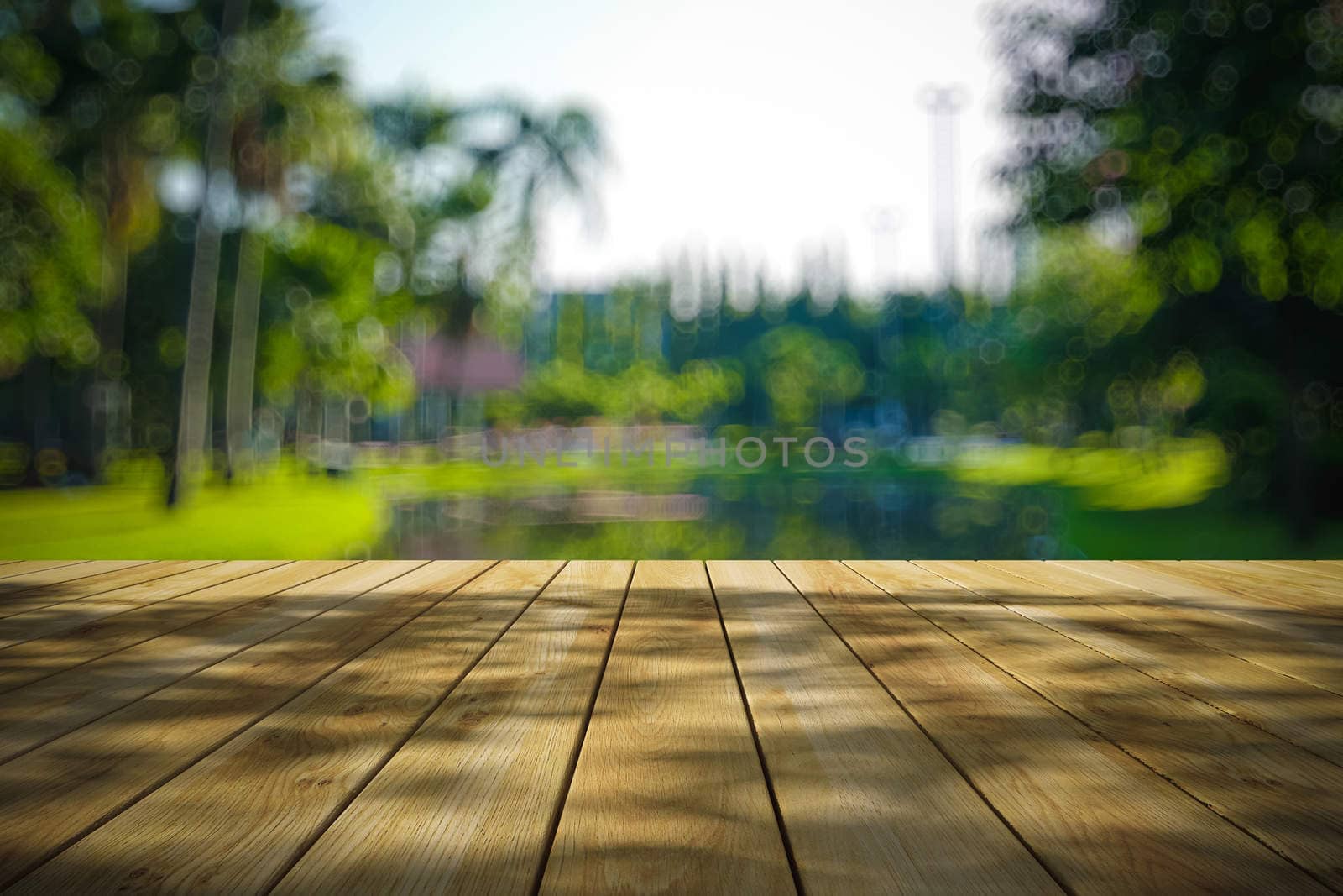 Perspective wood and bokeh light background by teerawit