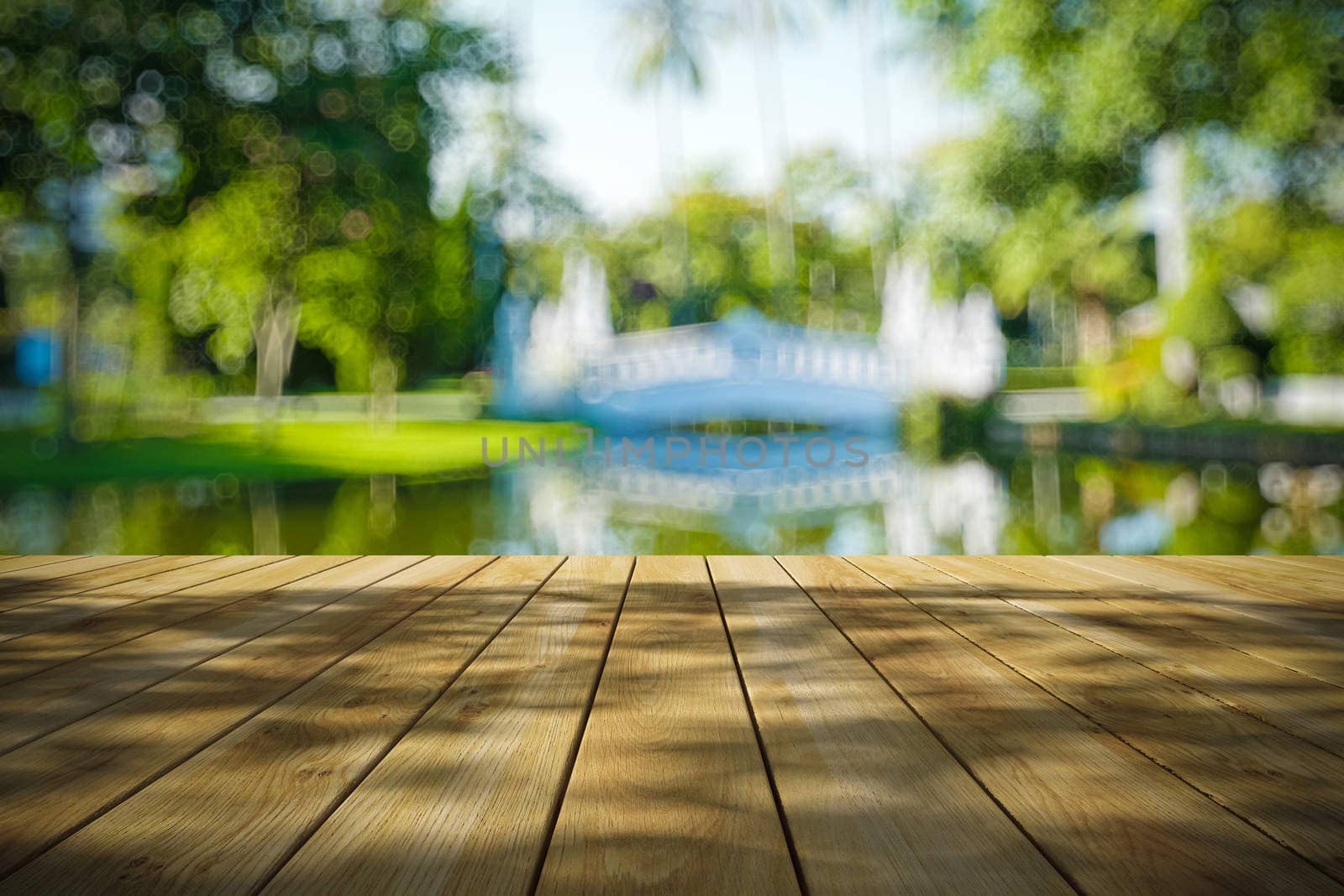 Perspective wood and bokeh light background. product display template