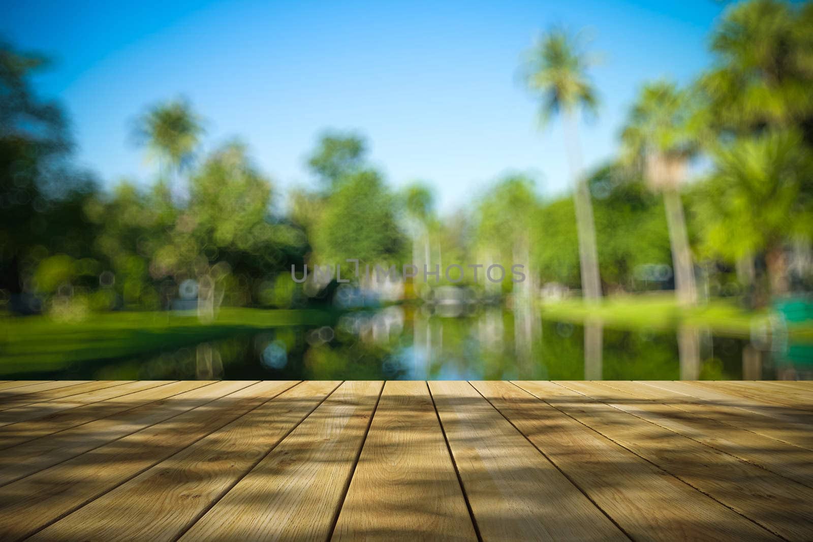 Perspective wood and bokeh light background by teerawit