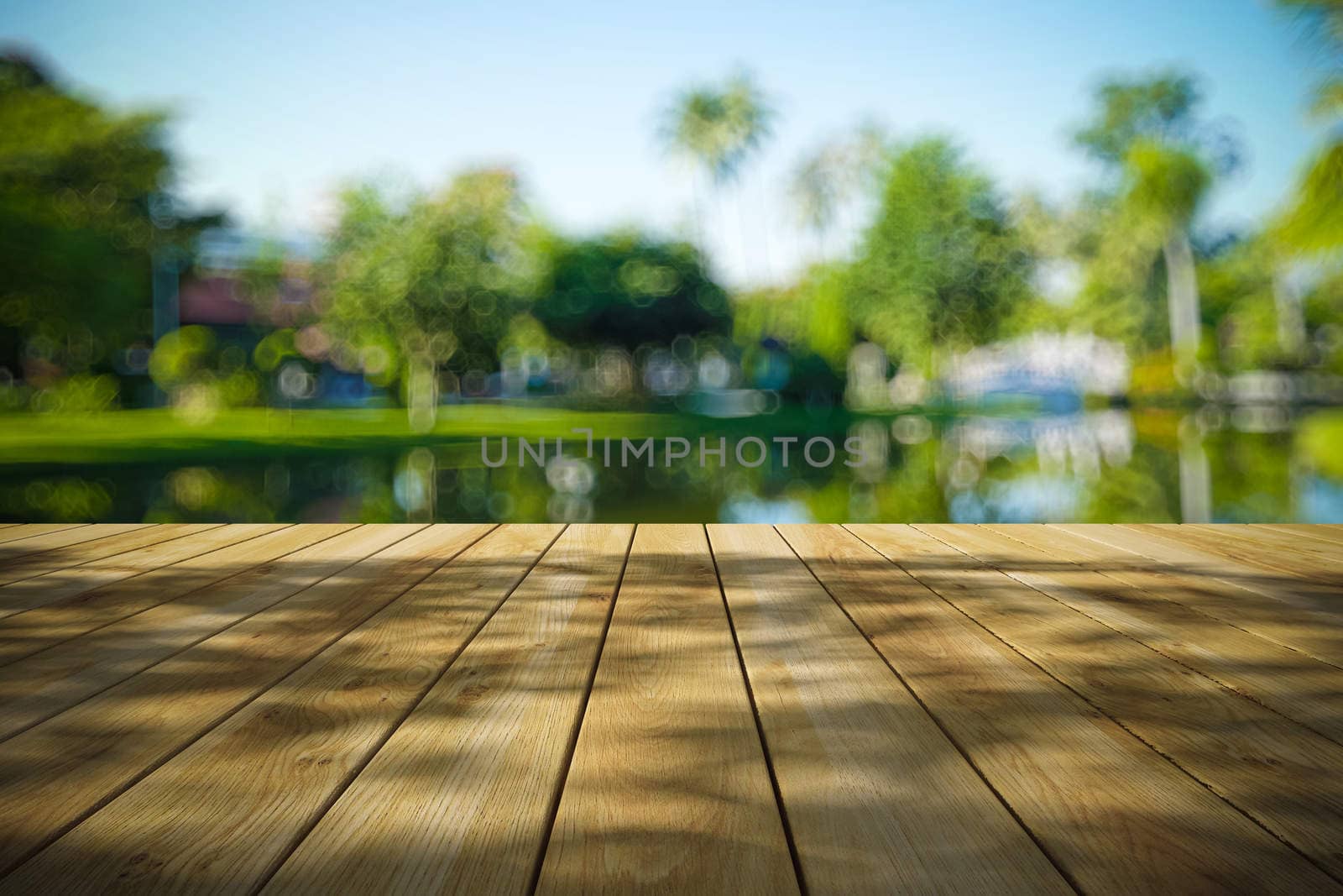 Perspective wood and bokeh light background. product display template