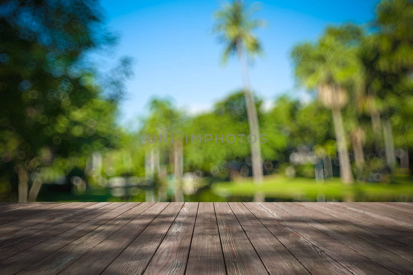 Perspective wood and bokeh light background by teerawit