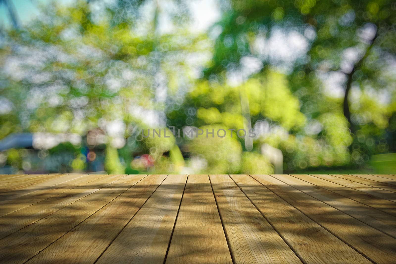 Perspective wood and bokeh light background. product display template