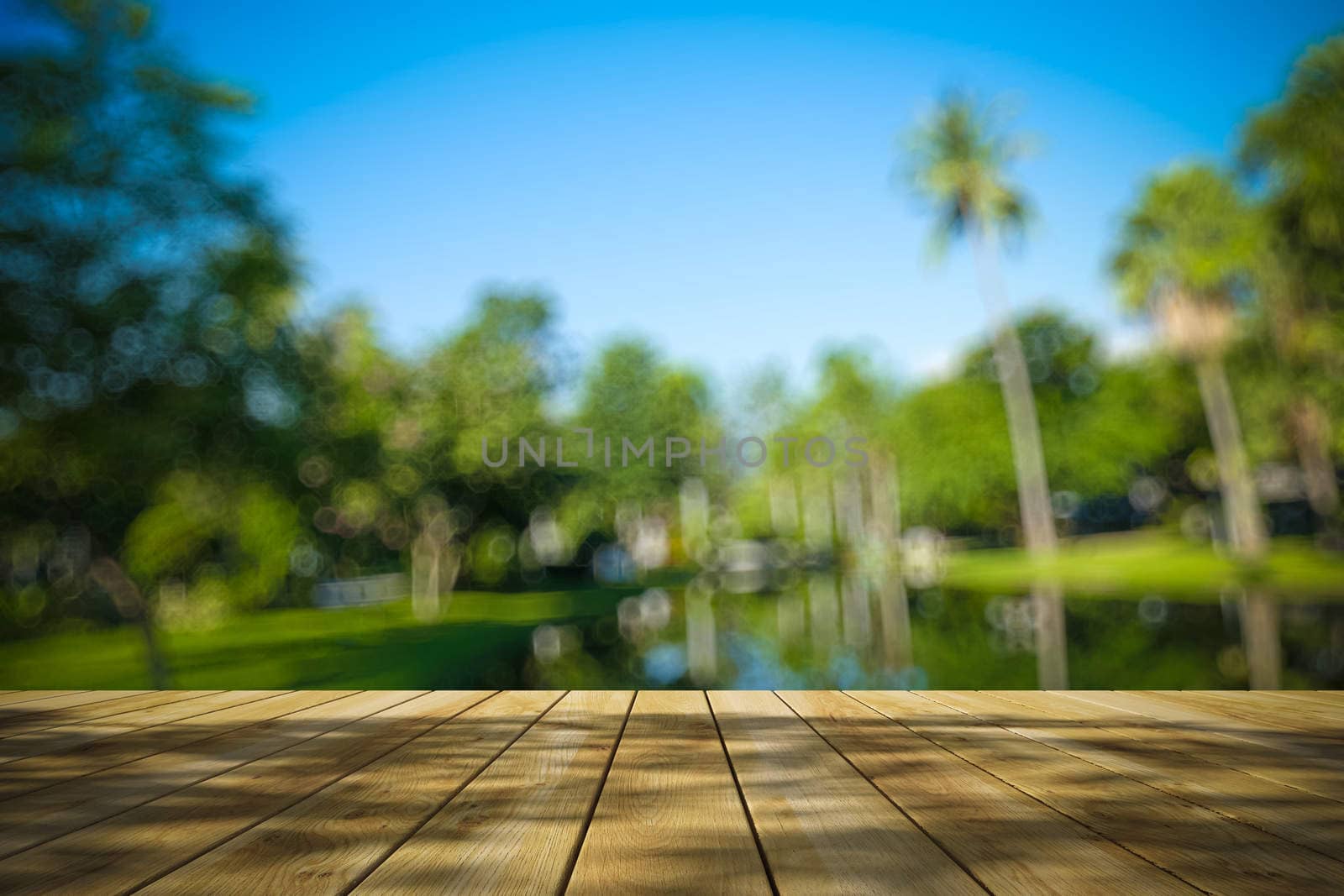 Perspective wood and bokeh light background. product display template