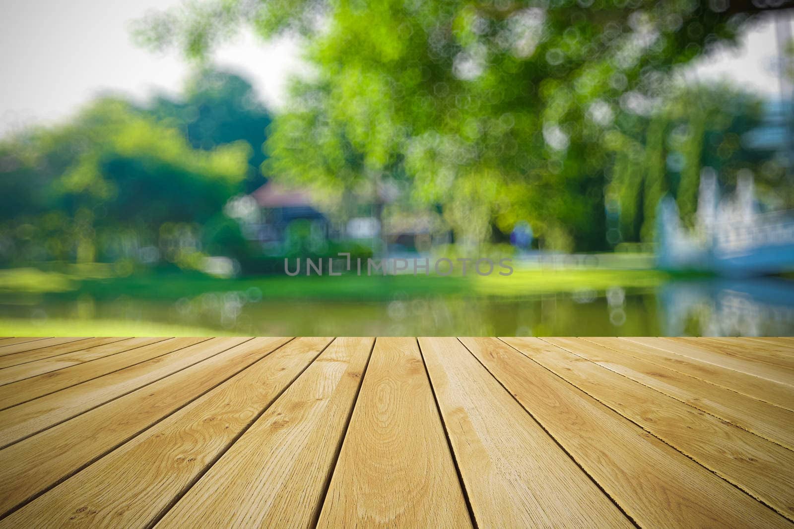 Perspective wood and bokeh light background by teerawit