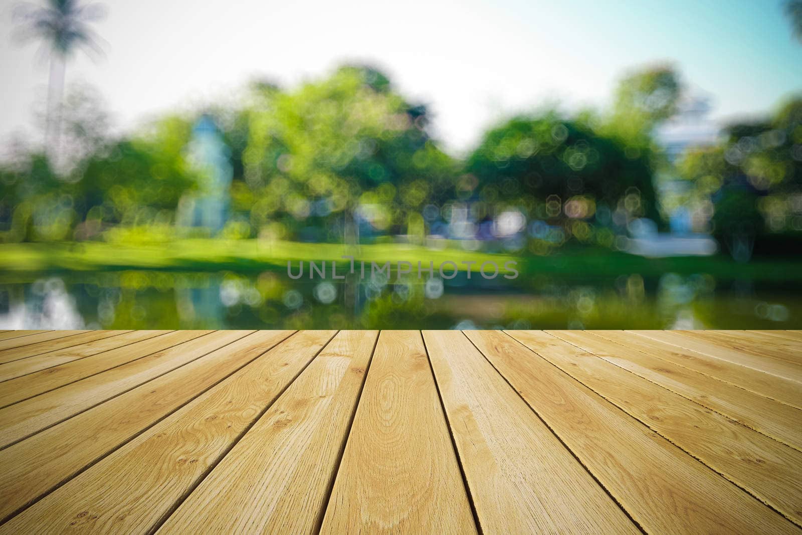 Perspective wood and bokeh light background. product display template