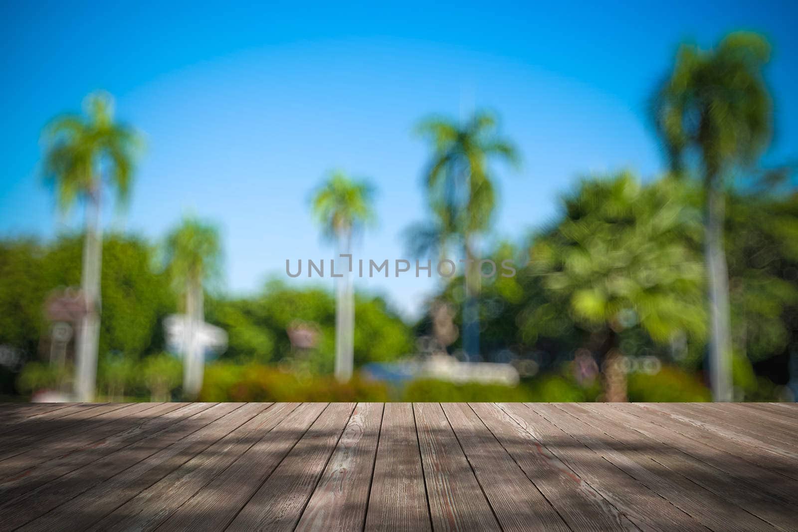 Perspective wood and bokeh light background. product display template