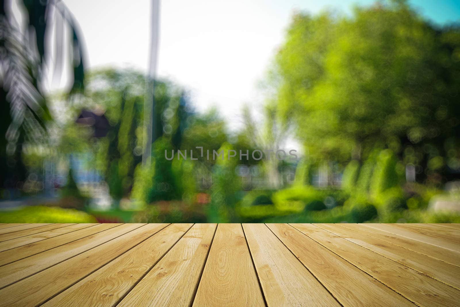 Perspective wood and bokeh light background. product display template