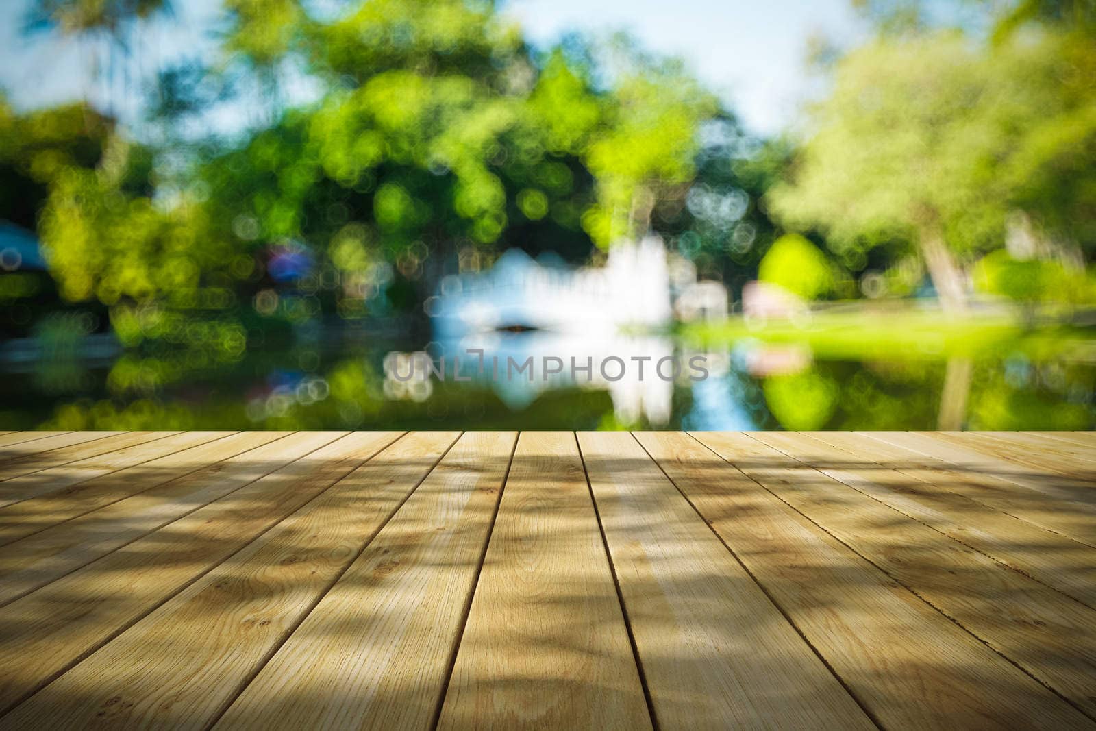 Perspective wood and bokeh light background. product display template