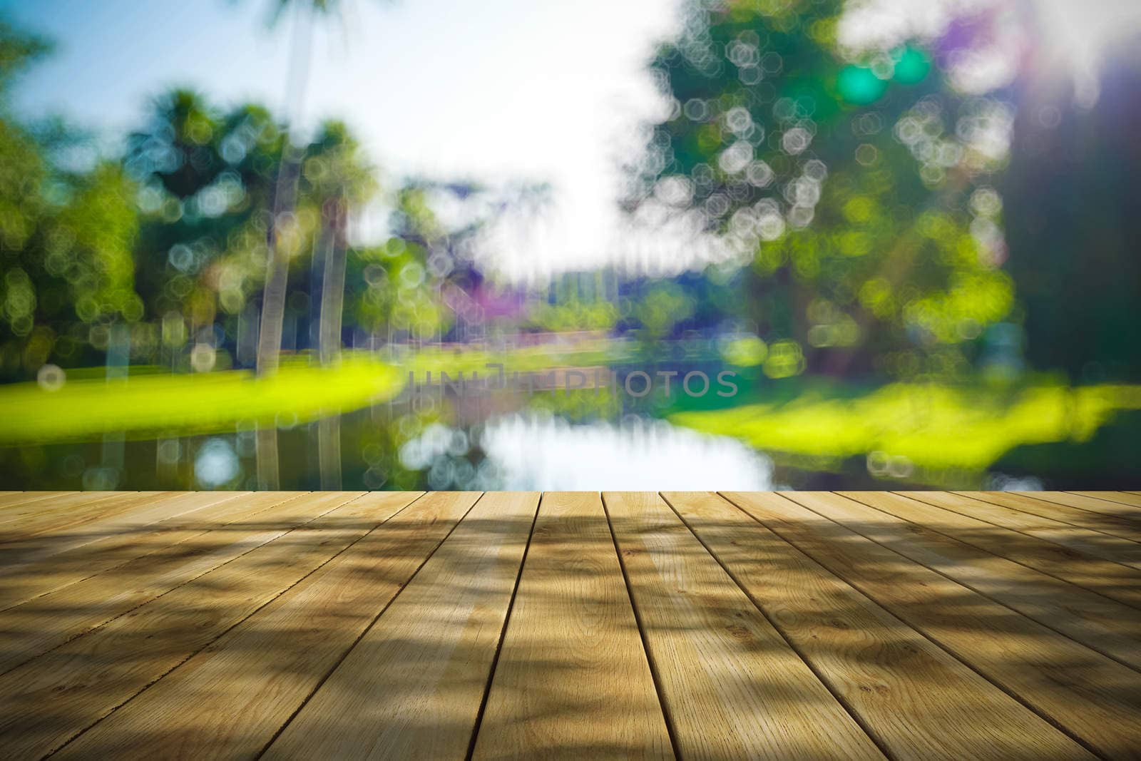 Perspective wood and bokeh light background. product display template