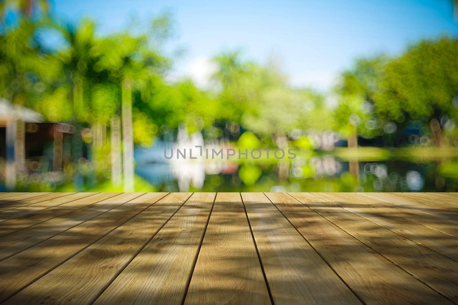 Perspective wood and bokeh light background by teerawit