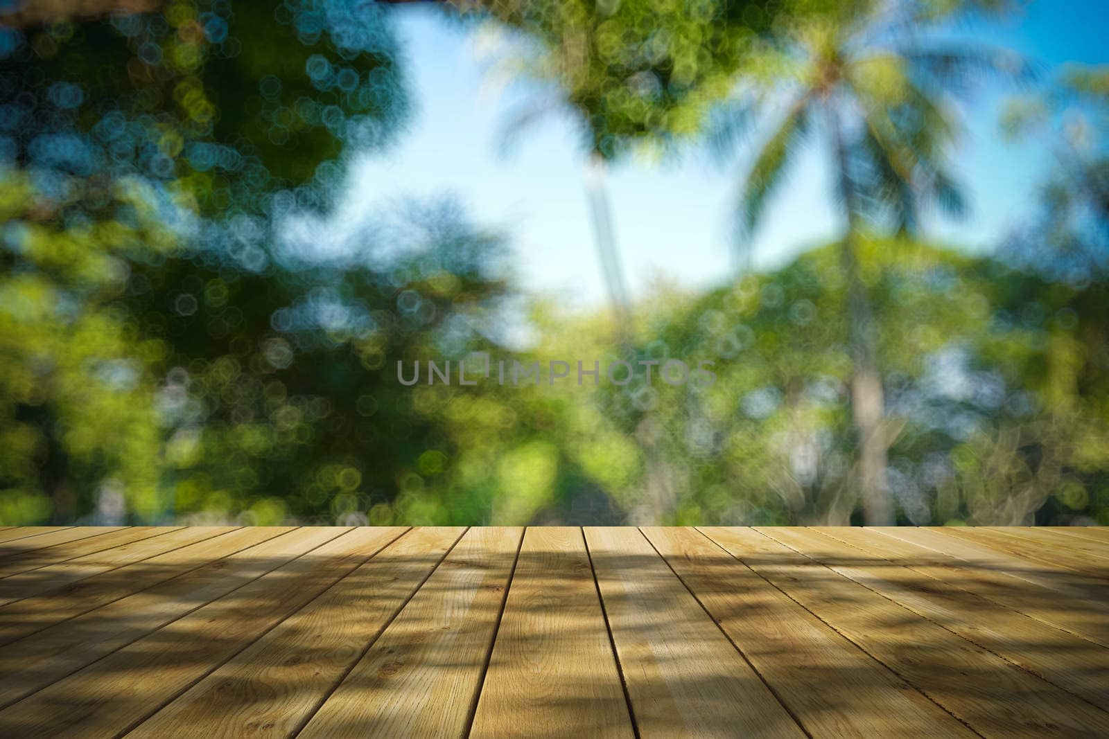 Perspective wood and bokeh light background. product display template