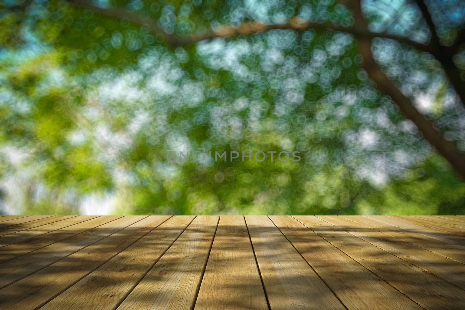 Perspective wood and bokeh light background. product display template