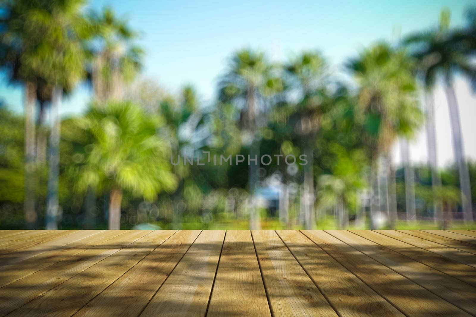 Perspective wood and bokeh light background by teerawit