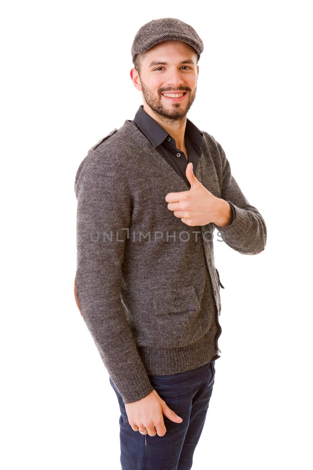 young casual man going thumbs up, isolated on white background