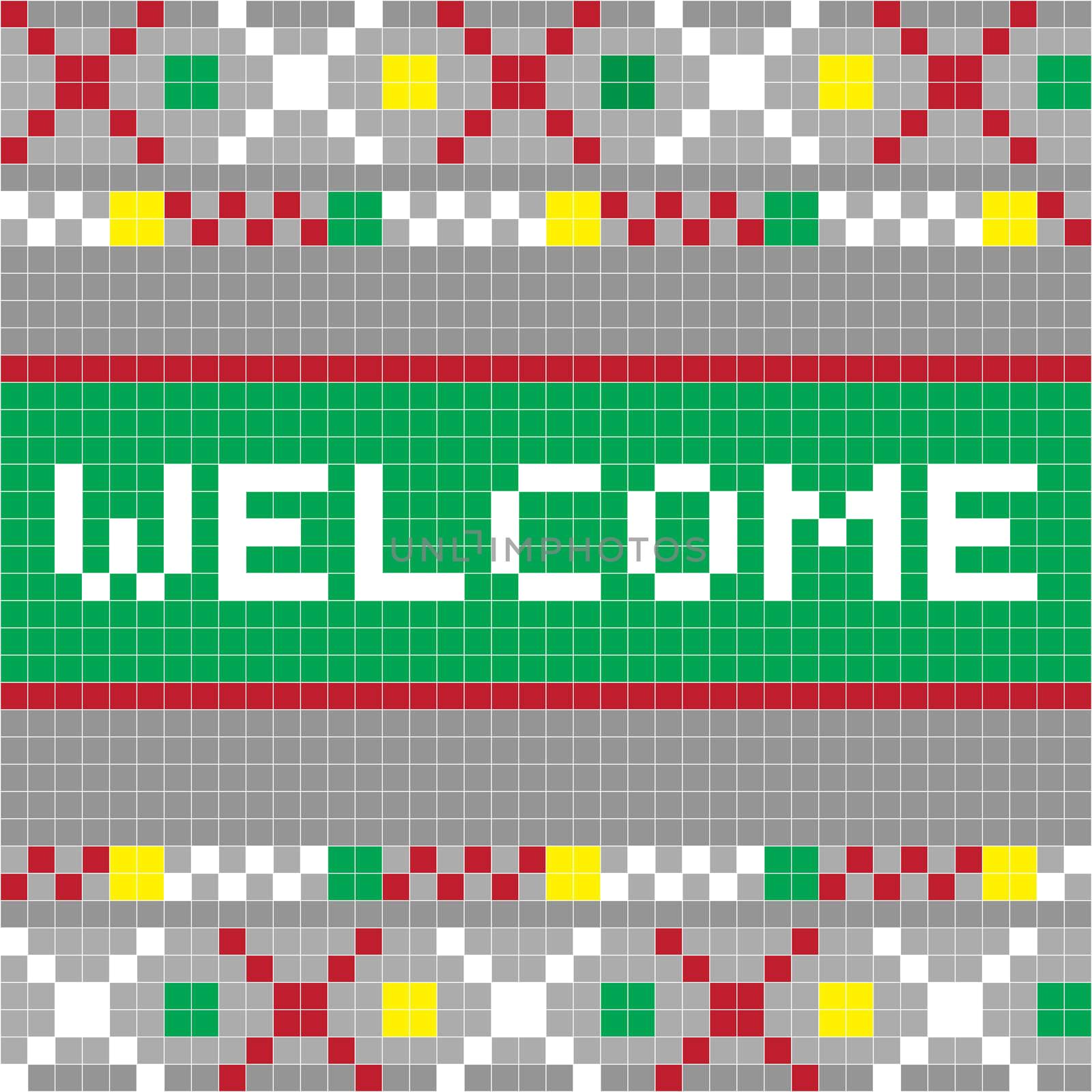 Welcome pixel banner, illustration of a scoreboard composition with text and geometric traditional motif