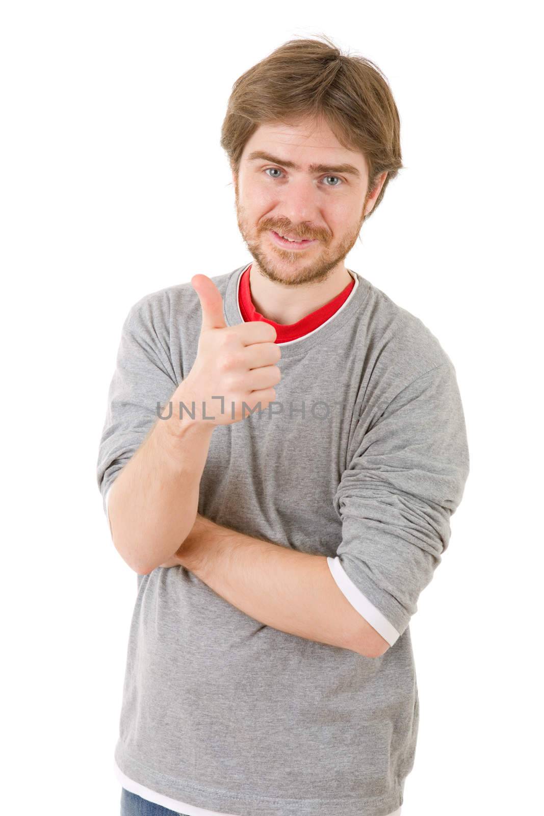 young casual man going thumbs up, isolated on white background