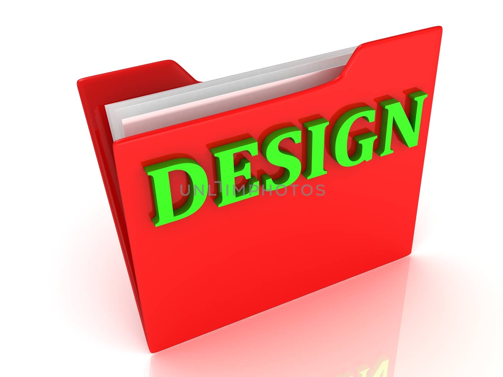 DESIGN bright green letters on a red folder on a white background