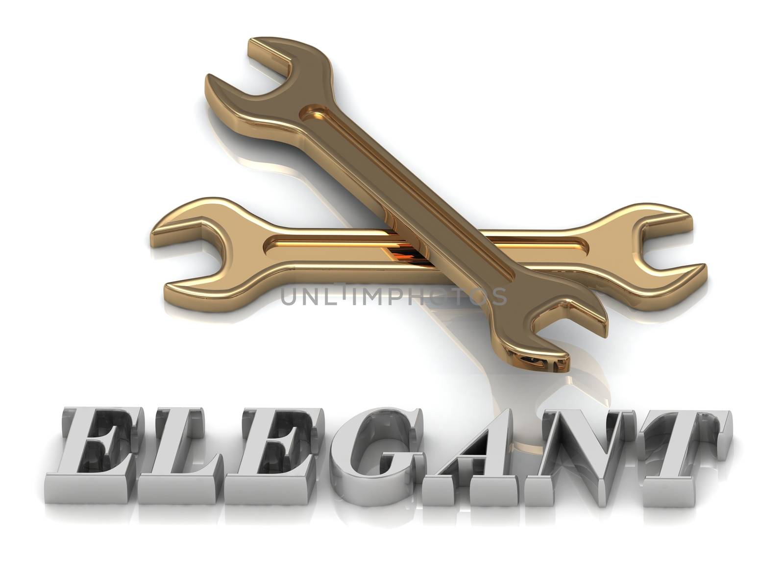 ELEGANT- inscription of metal letters and 2 keys on white background